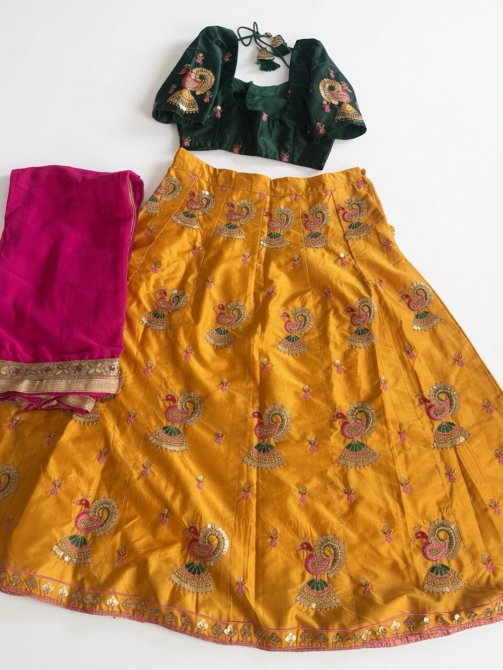 Mustard Yellow Embroidered A-Line Skirt with Pink Dupatta and Green Blouse
